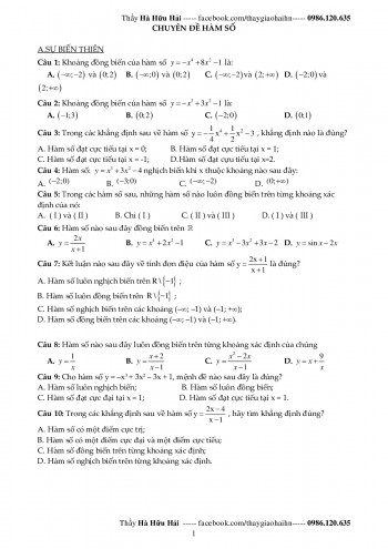 Toán 12 - 100 bài tập trắc nghiệm chuyên đề hàm số có đáp án - Hà Hữu Hải