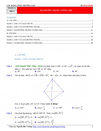 Toán 11: Bài tập trắc nghiệm hai đường thẳng vuông góc có đáp án và lời giải