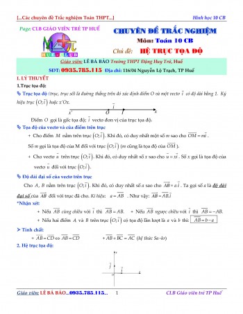 Toán 10: Bài tập tự luận và trắc nghiệm hệ trục tọa độ trong mặt phẳng – Lê Bá Bảo