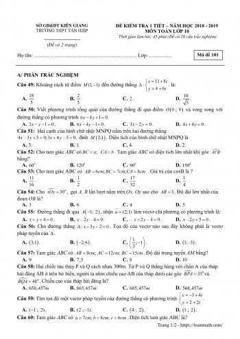 Toán 10 - Đề Kiểm Tra 1 Tiết Hình Học 10 Chương 2 – 3 Năm 2018 – 2019  Trường Tân Hiệp – Kiên Giang - Toan123.Vn