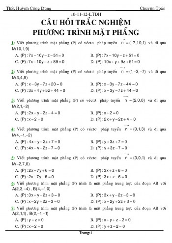 Toán 12 - 113 bài tập trắc nghiệm phương trình mặt phẳng - Huỳnh Công Dũng