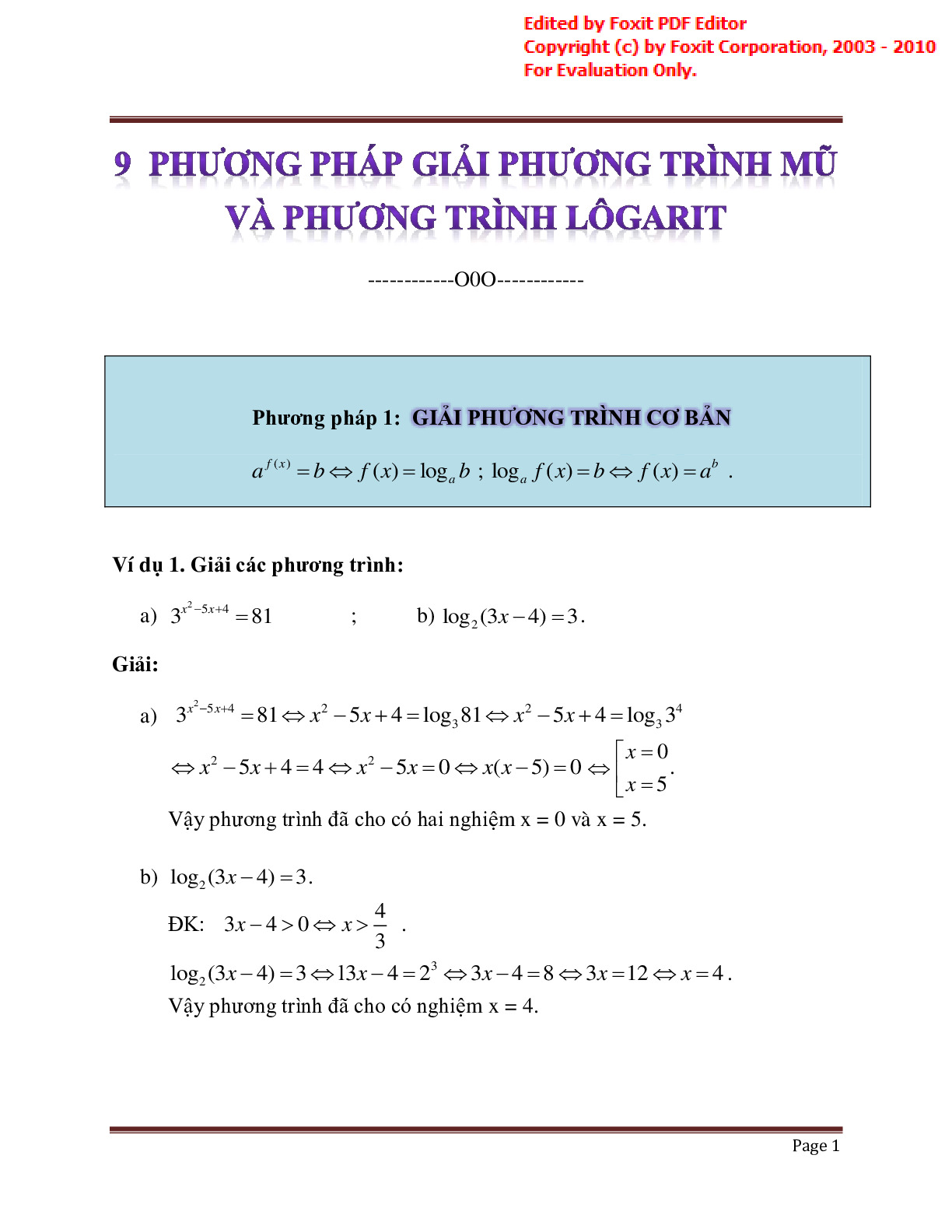 Toán 12 - 9 phương pháp giải phương trình mũ và phương trình logarit