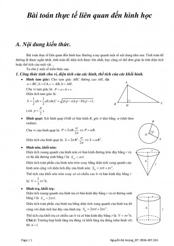 Toán 12 - Bài toán thực tế liên quan đến hình học - Nguyễn Bá Hoàng