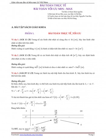 Toán 12 - Bài toán thực tế và bài toán tối ưu min - max - Lê Viết Nhơn