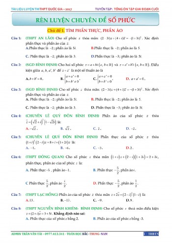 Toán 12 - Tuyển tập một số bài toán trắc nghiệm số phức trong các đề thi thử - Trần Văn Tài